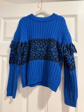 Freshman Royal Blue & Black Fringe Knit Sweater - Kids